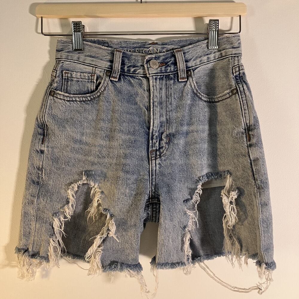 American Eagle Shorts Womens 000 Distressed Blue Mom Jean High Rise Denim Ripped